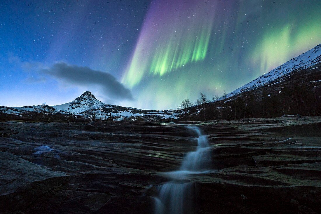 Aurora borealis over a waterfall
