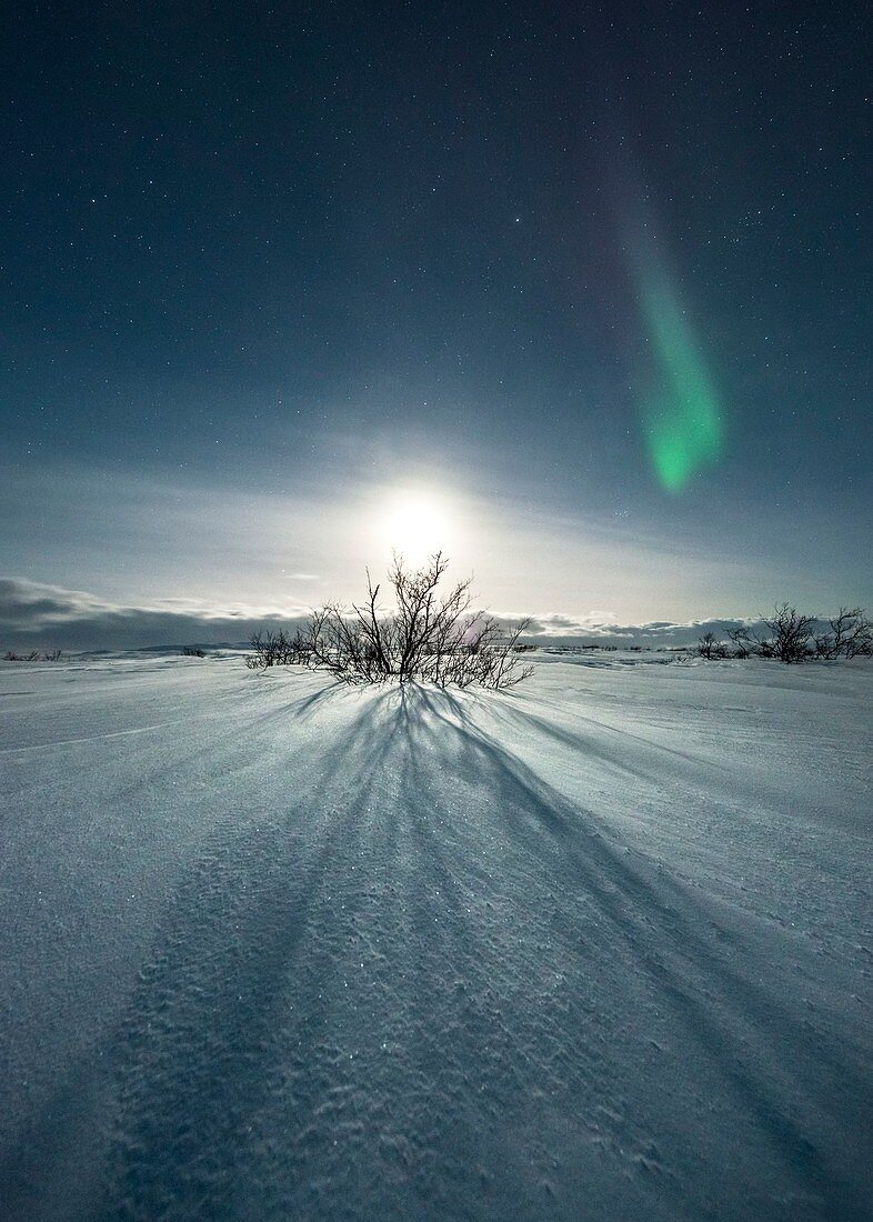Moon and aurora borealis over snow