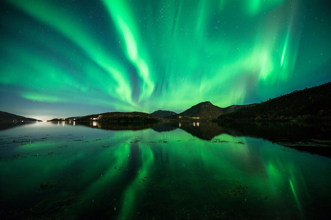 Aurora borealis over a shoreline