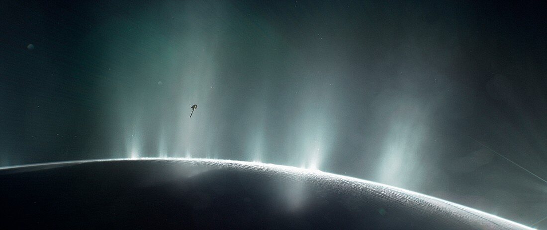Cassini at Saturn's moon Enceladus, illustration