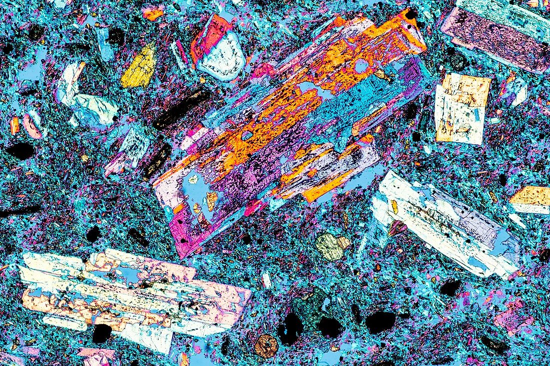 Rock mineral crystals, polarised LM
