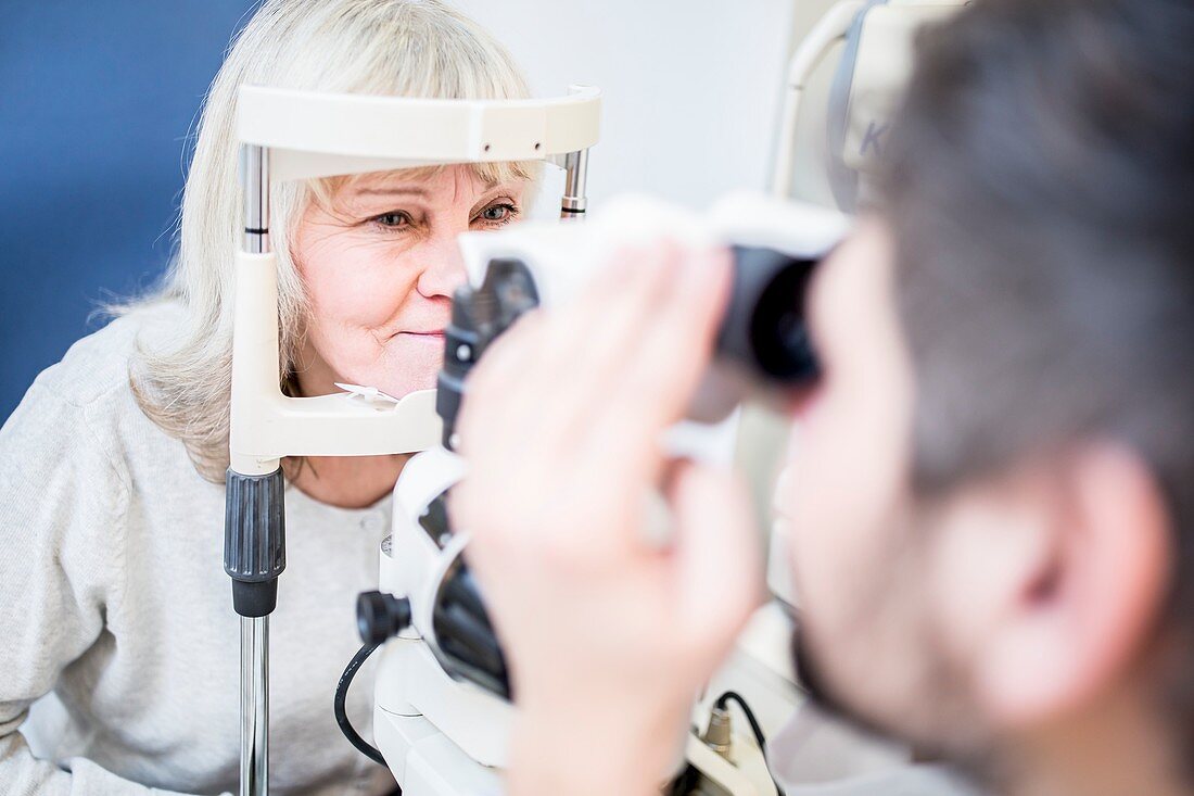 Optometrist examining woman's eyes