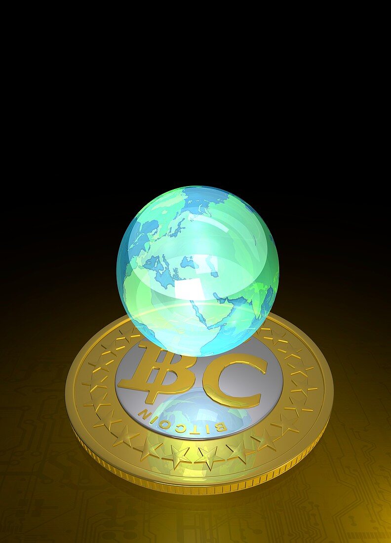 Bitcoin and the globe, illustration