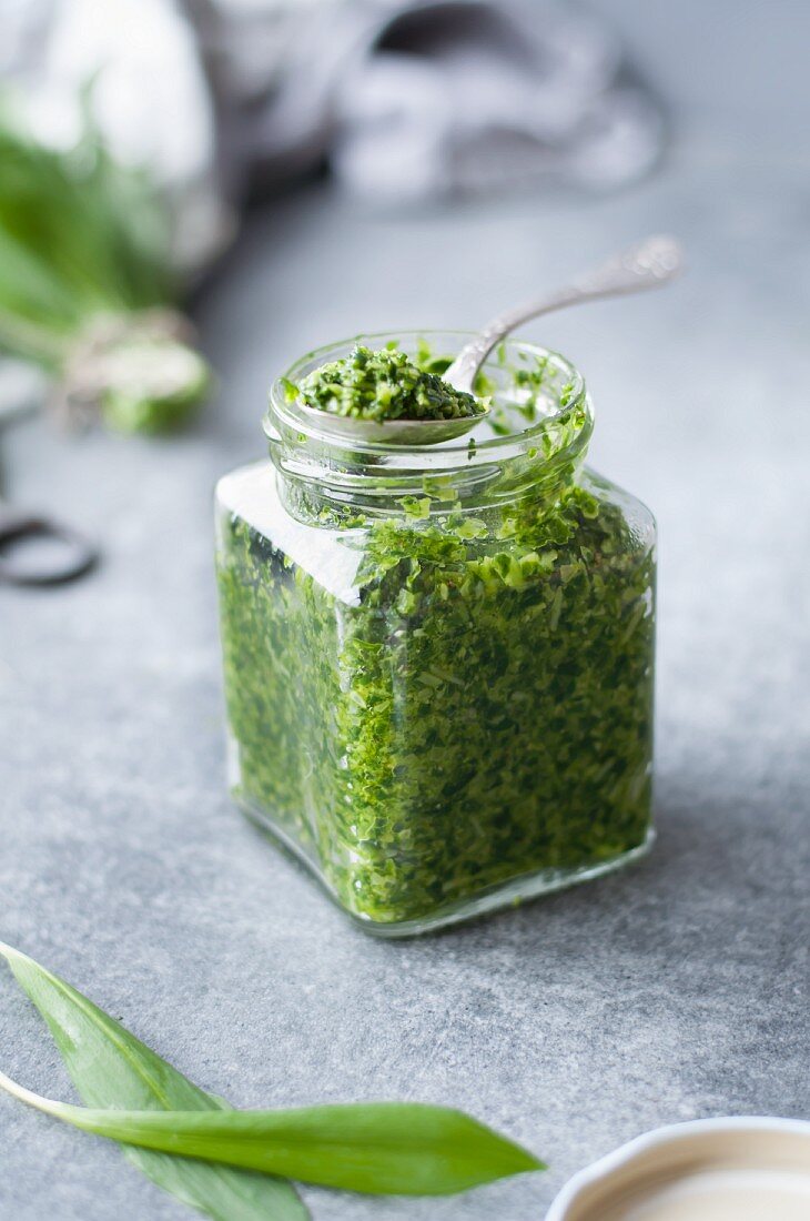 Pesto made with garlic, olive oil, parmesan, cashew nuts, basil, rocket, and wild garlic