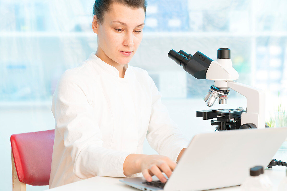 Scientist using laptop with microscope