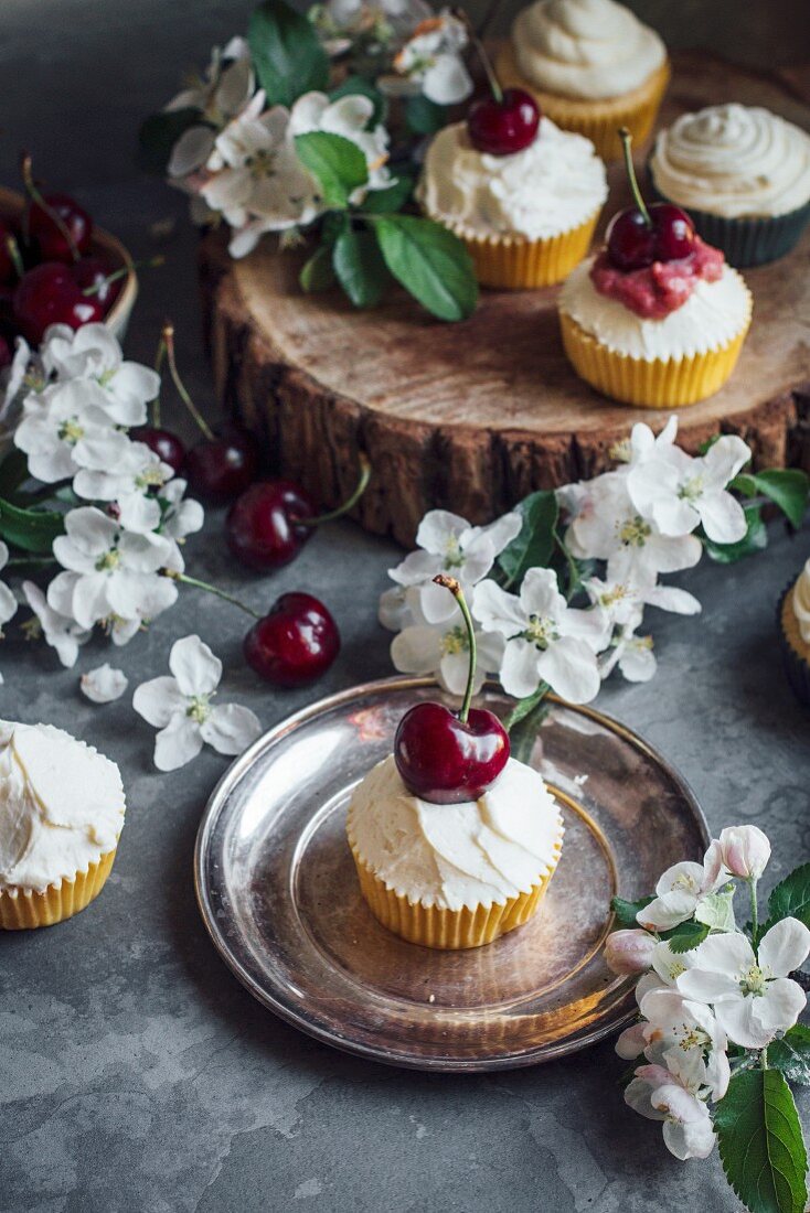 Cupcakes mit Äpfeln und Kirschen