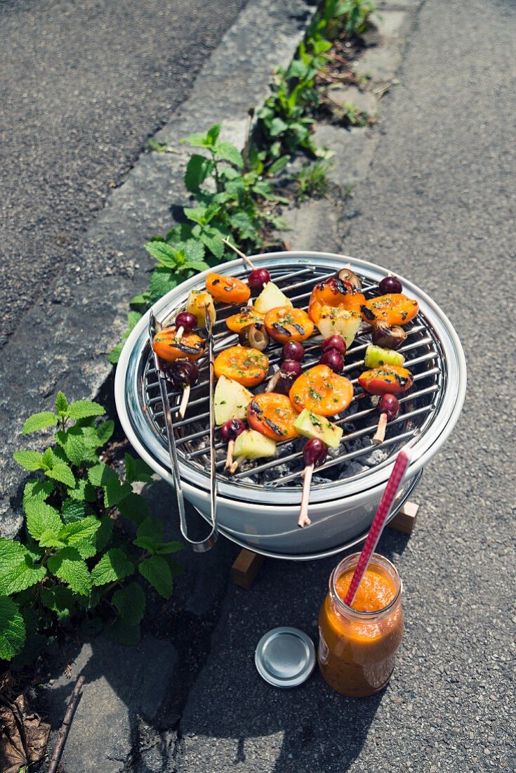 Grilled fruit skewers with sweet BBQ sauce