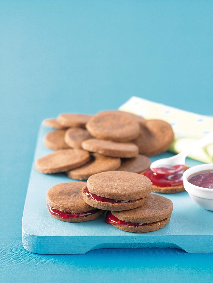 Chocolate sandwich biscuits with jam