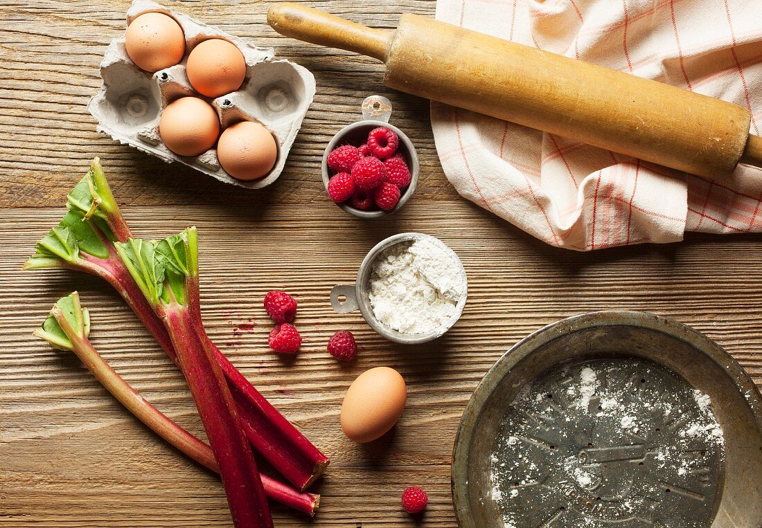 Ingredients for pie with raspberries and rhubarb