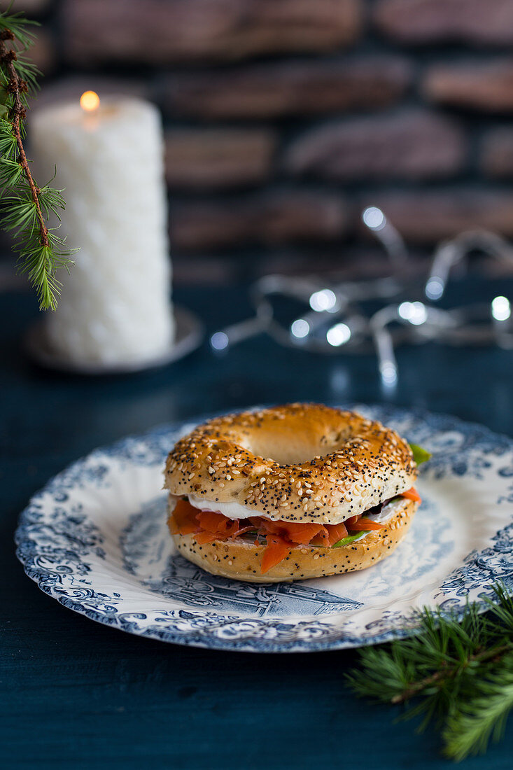 A salmon and cream cheese bagel for breakfast on Christmas day