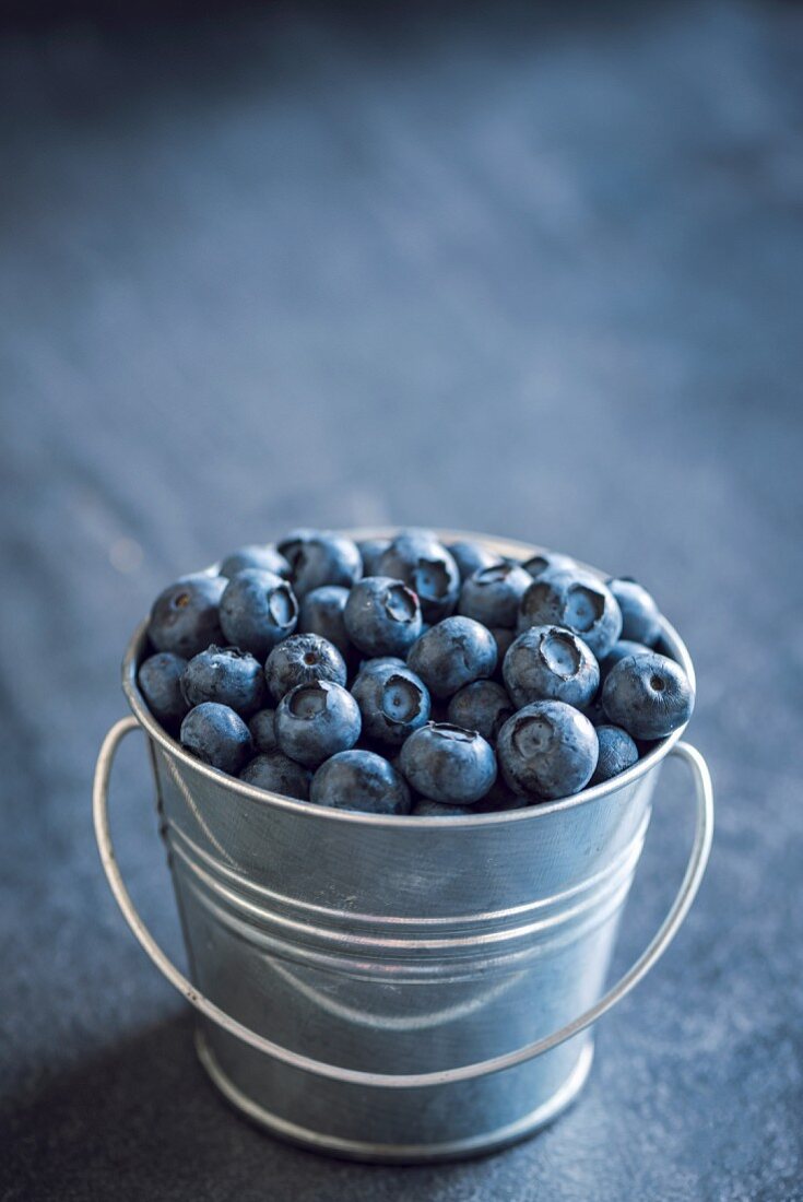 A small metal bucket of freshly picked blueberries