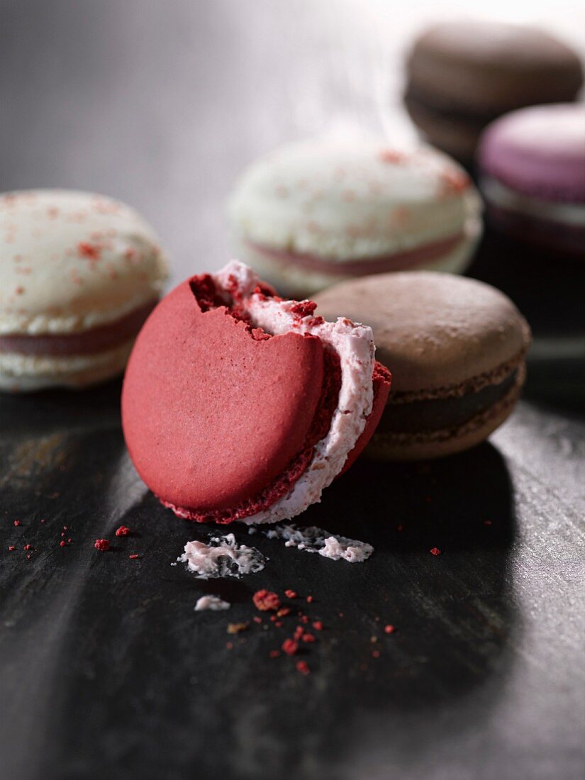 French macarons, with a bite taken out of one