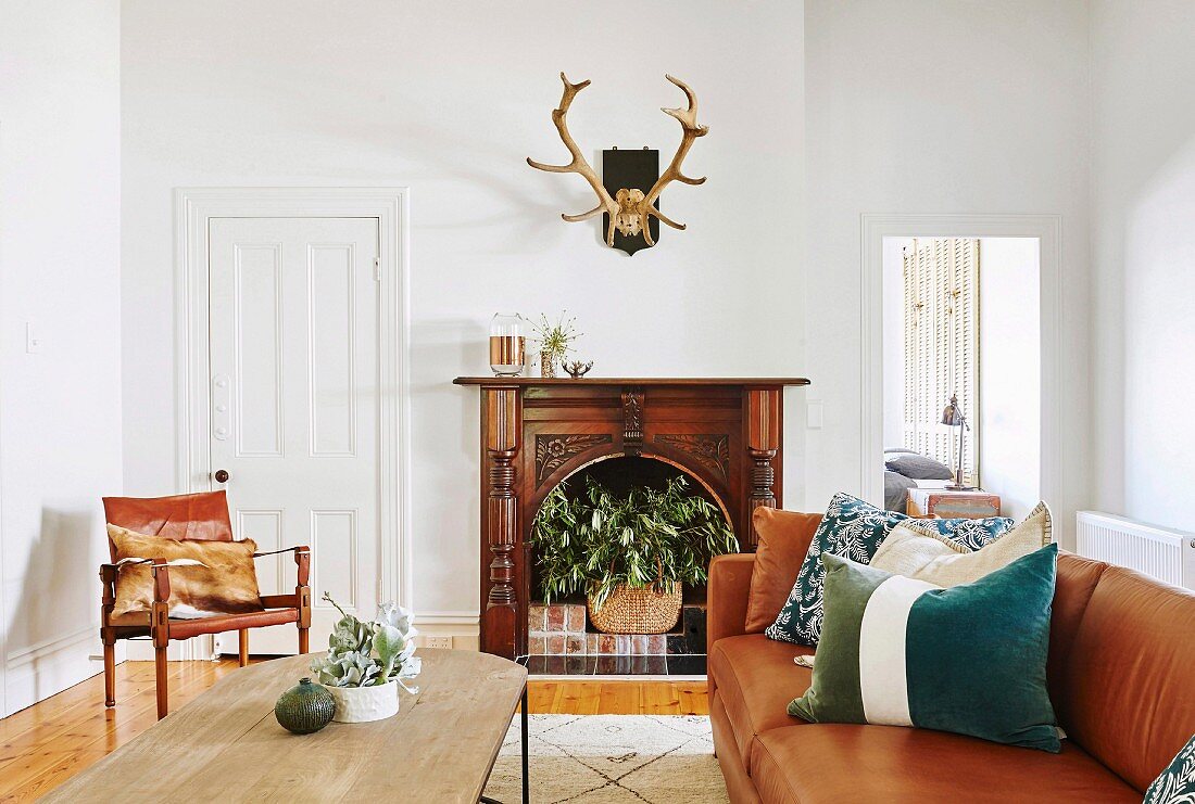 Antlers over an open fireplace with plants in the living room
