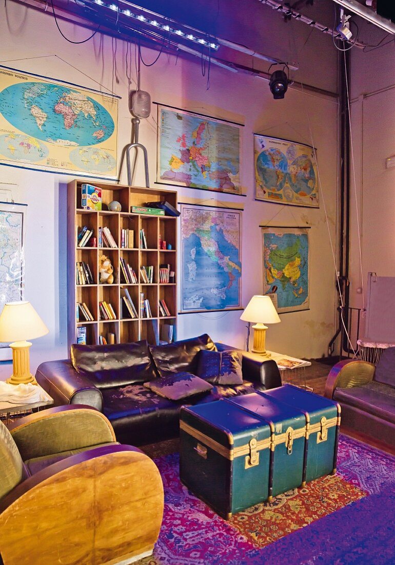 A wall decorated in world maps at the 'Ostello Tasso' hotel in Florence, Italy