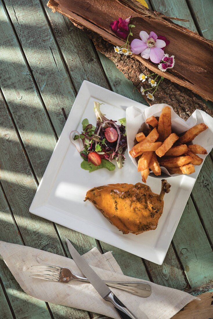 Chicken with fries and salad