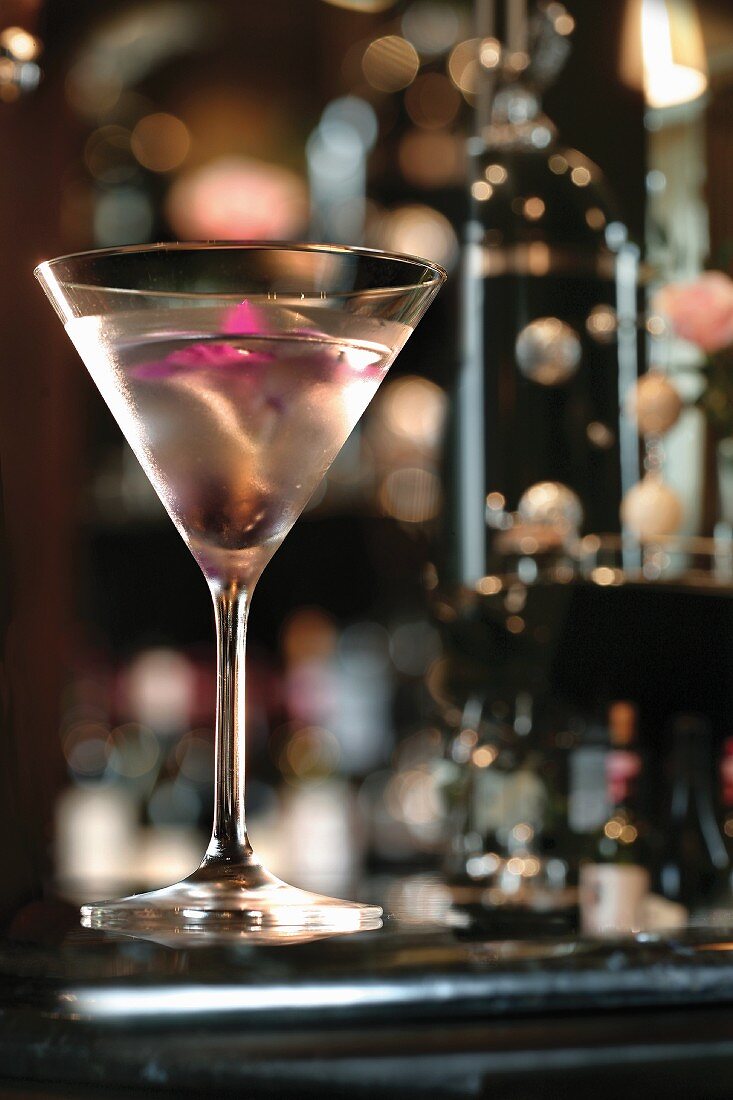 A gin cocktail garnished with a pink orchid, served in a martini glass in a bar