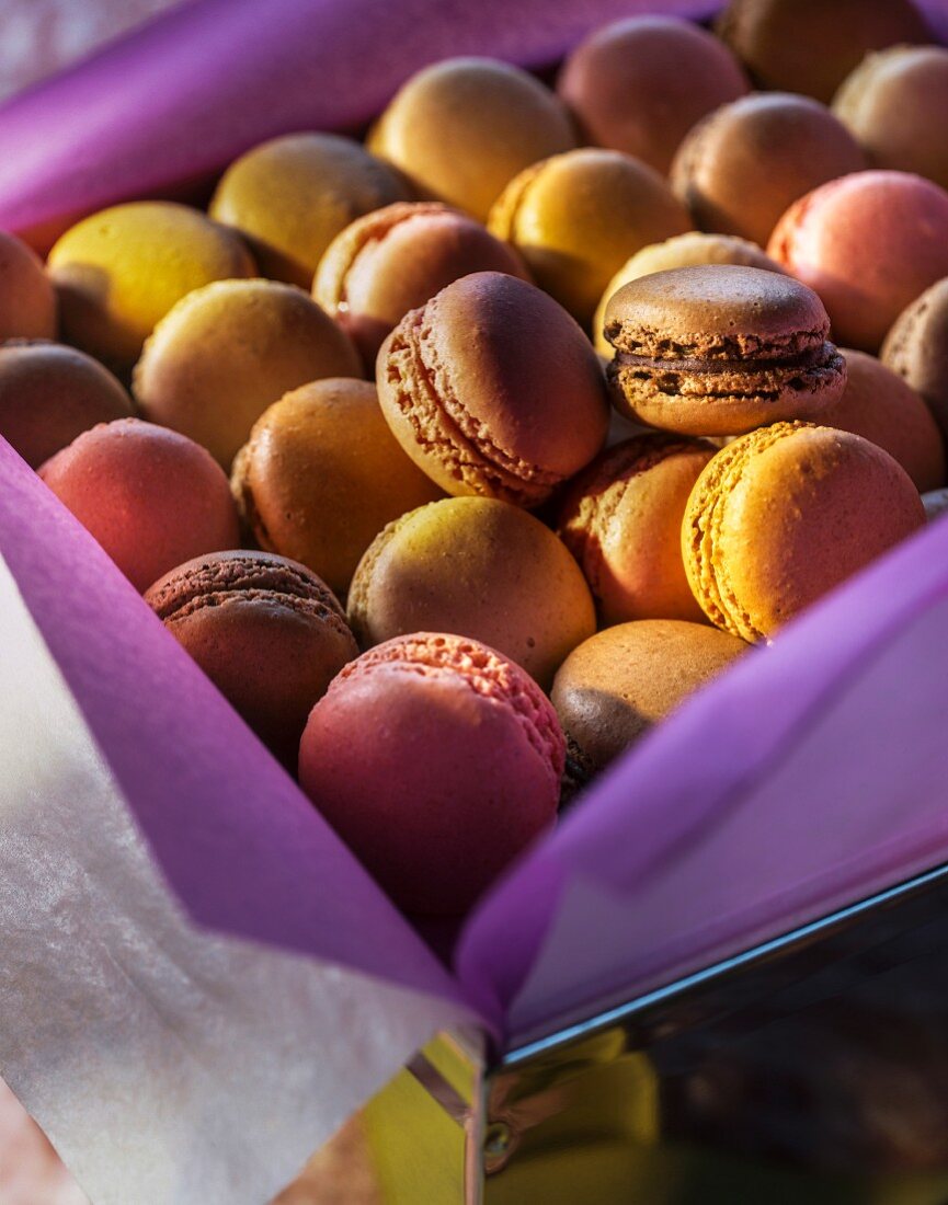 Various macarons in a biscuit tin