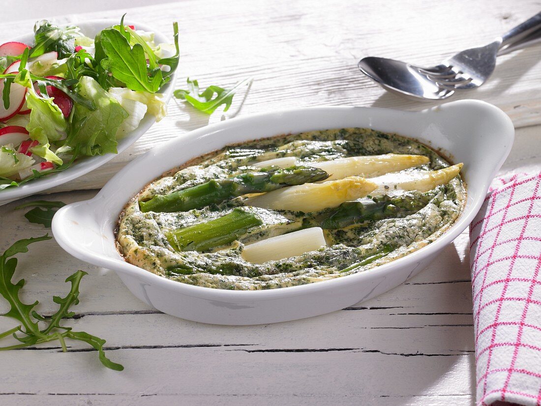 Asparagus casserole with white and green asparagus