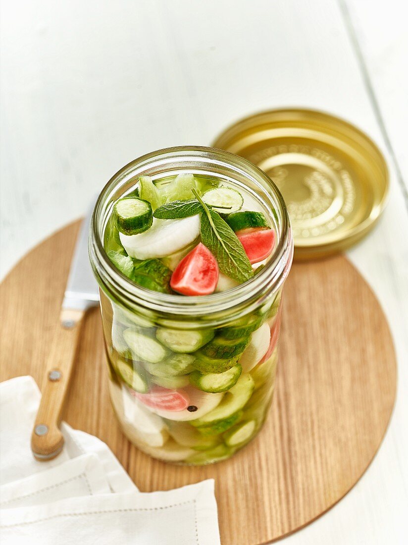 Lacto fermented mini cucumbers with radishes