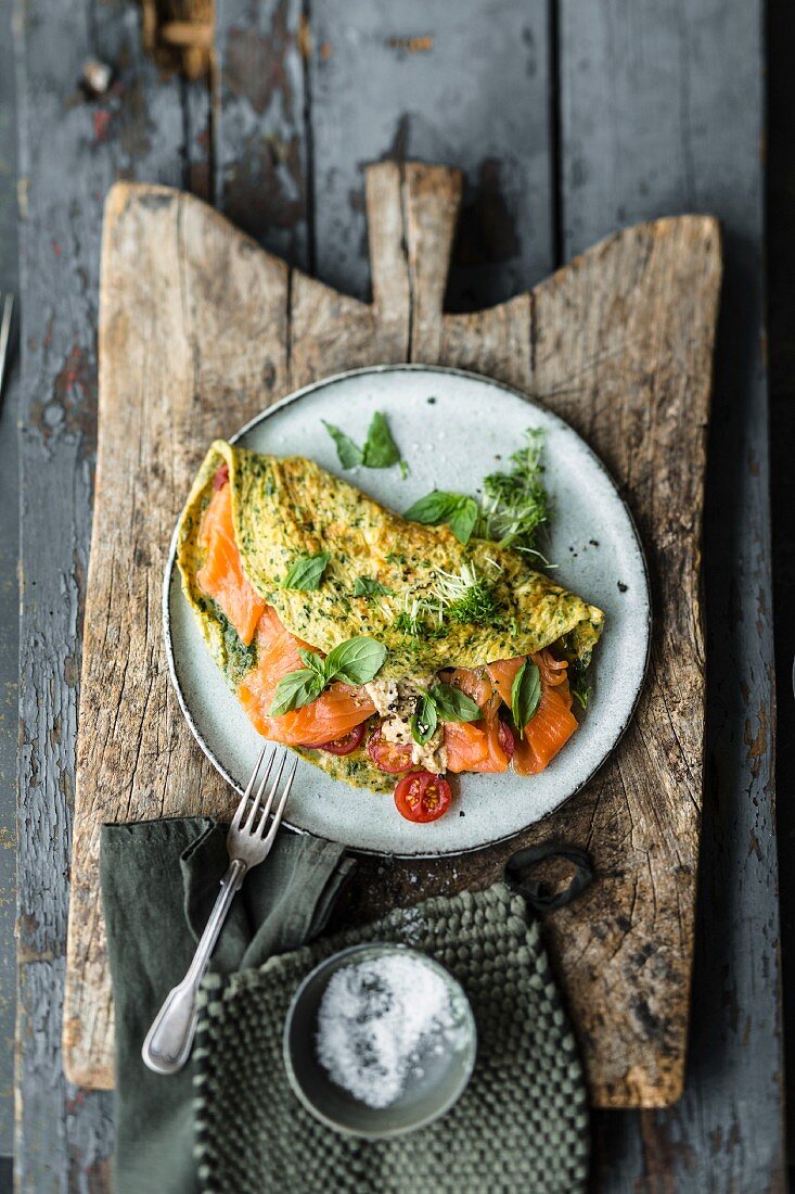 Herb omelette with fresh cheese and smoked salmon