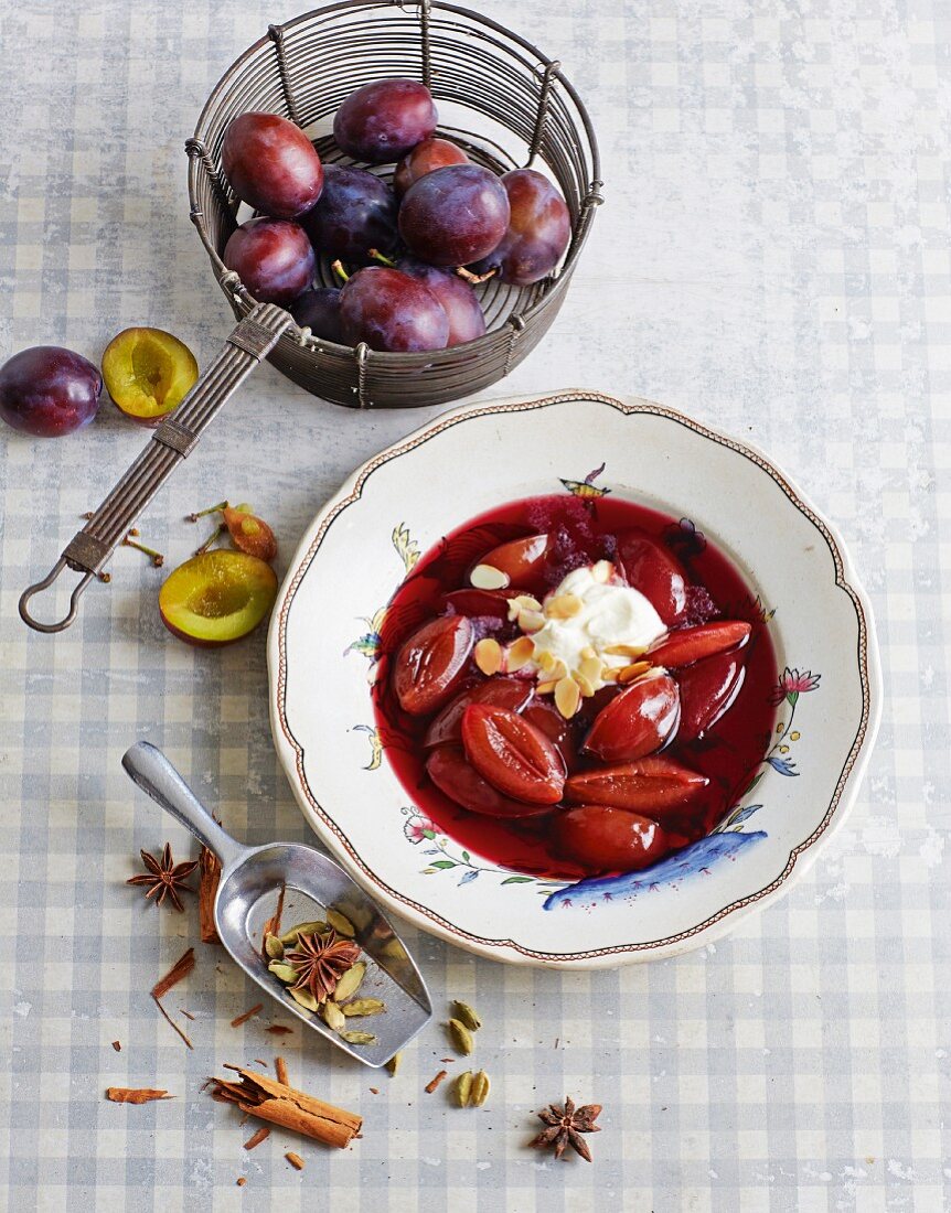 Plum soup with marzipan and marscapone cream