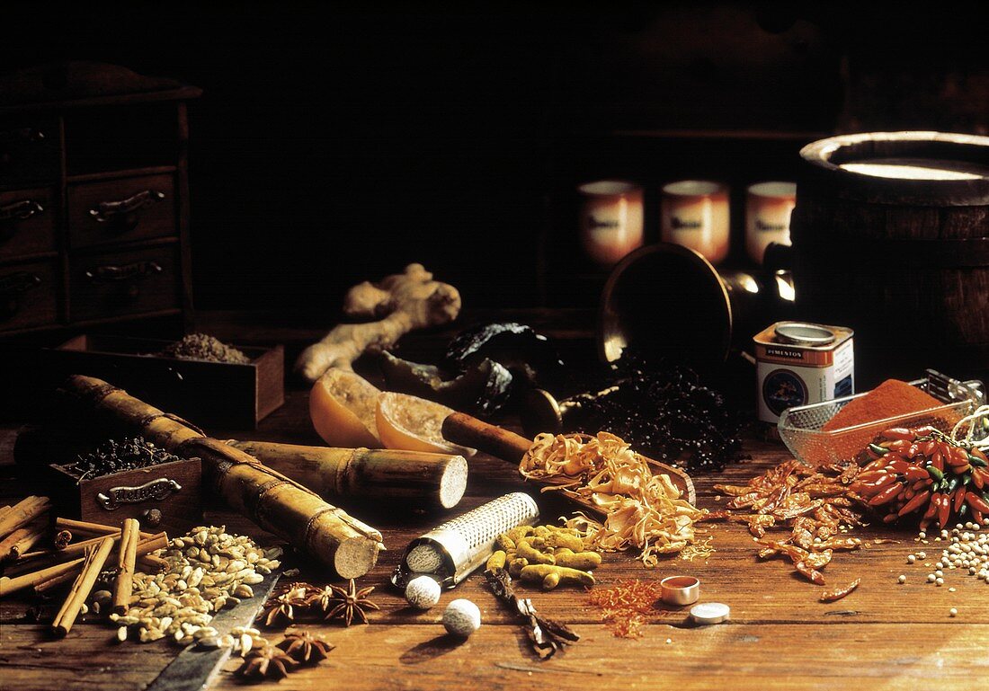 Spice Still Life on a Wooden Table