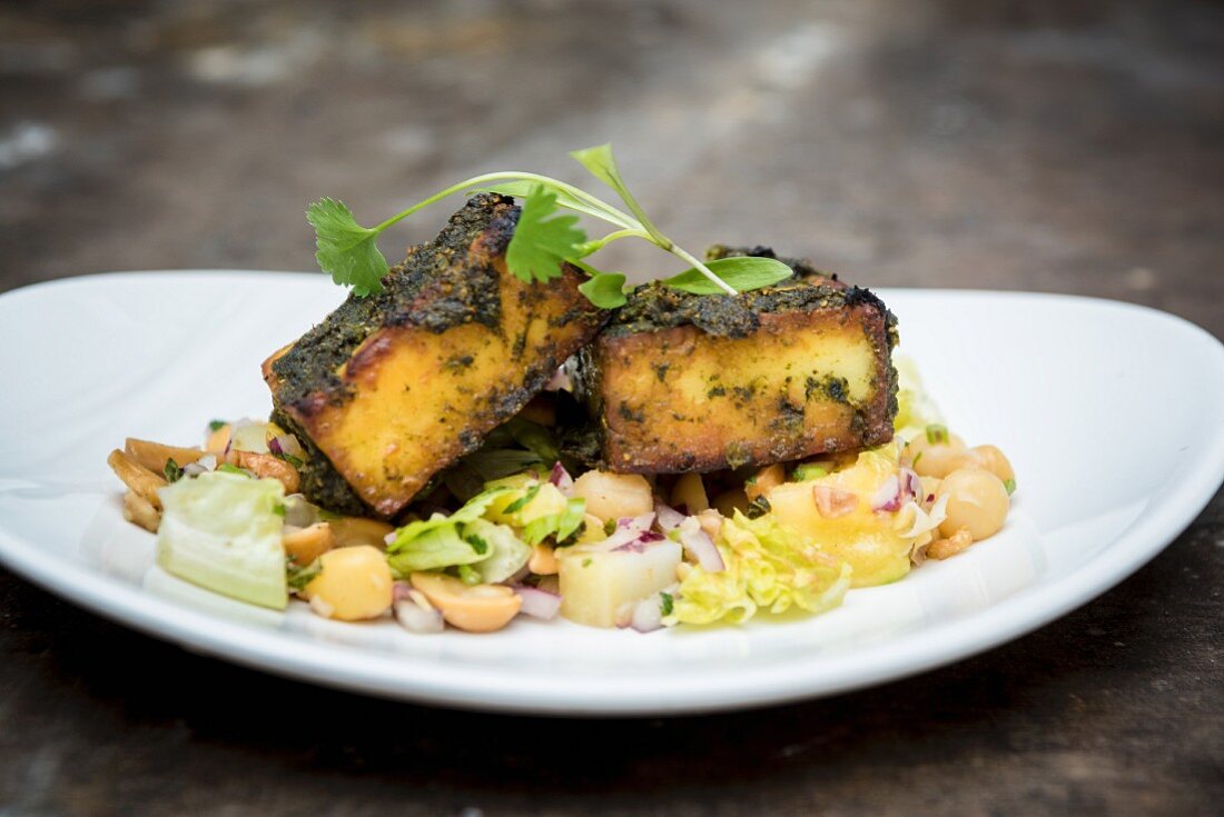 Tandoori Paneer Tikka on Chickpeas and Peanut Salad