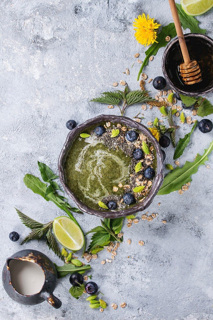 Spring green nettle and dandelion smoothie bowl served with lime, yellow flowers, young leaves, oat flakes, chia seeds, blueberries, cream and honey over gray blue texture background