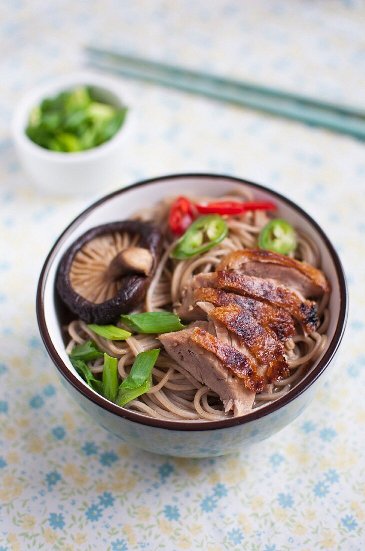 Sobanudelsuppe mit Ente, Gemüse, Shiitake-Pilzen, Chili und gehackten Frühlingszwiebeln (Asien)