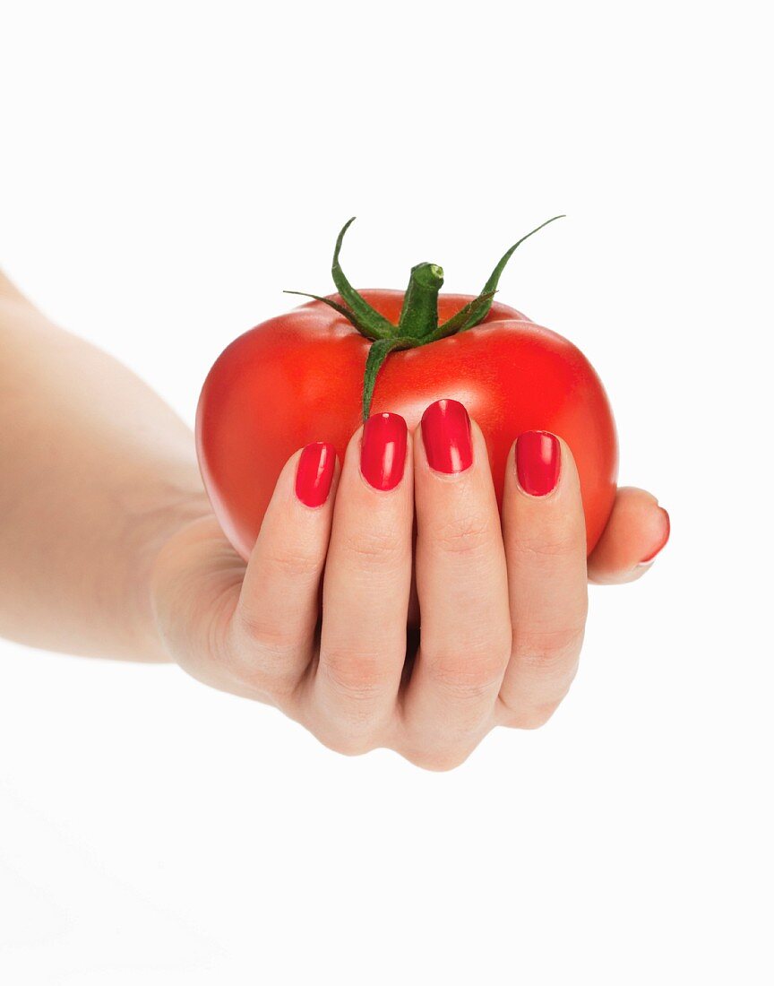 Hand mit roten Fingernägeln hält Tomate