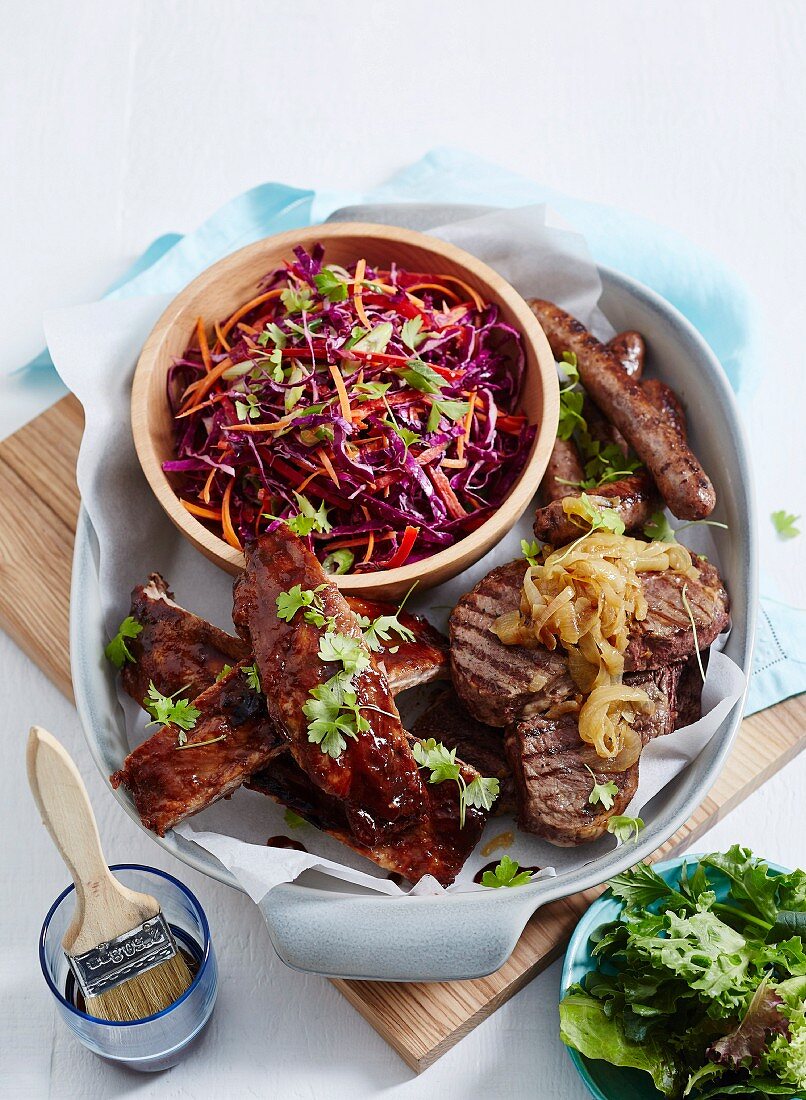 Barbecued Ribs and Sausages with Coleslaw