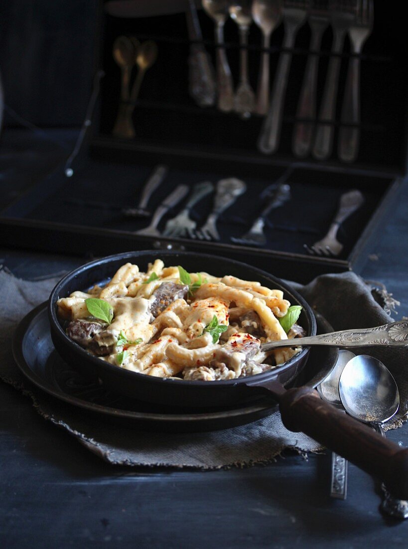 Pasta with beef and cheese sauce