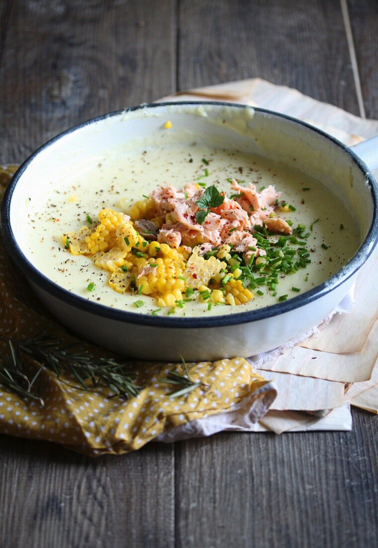 Laksa with salmon and sweetcorn