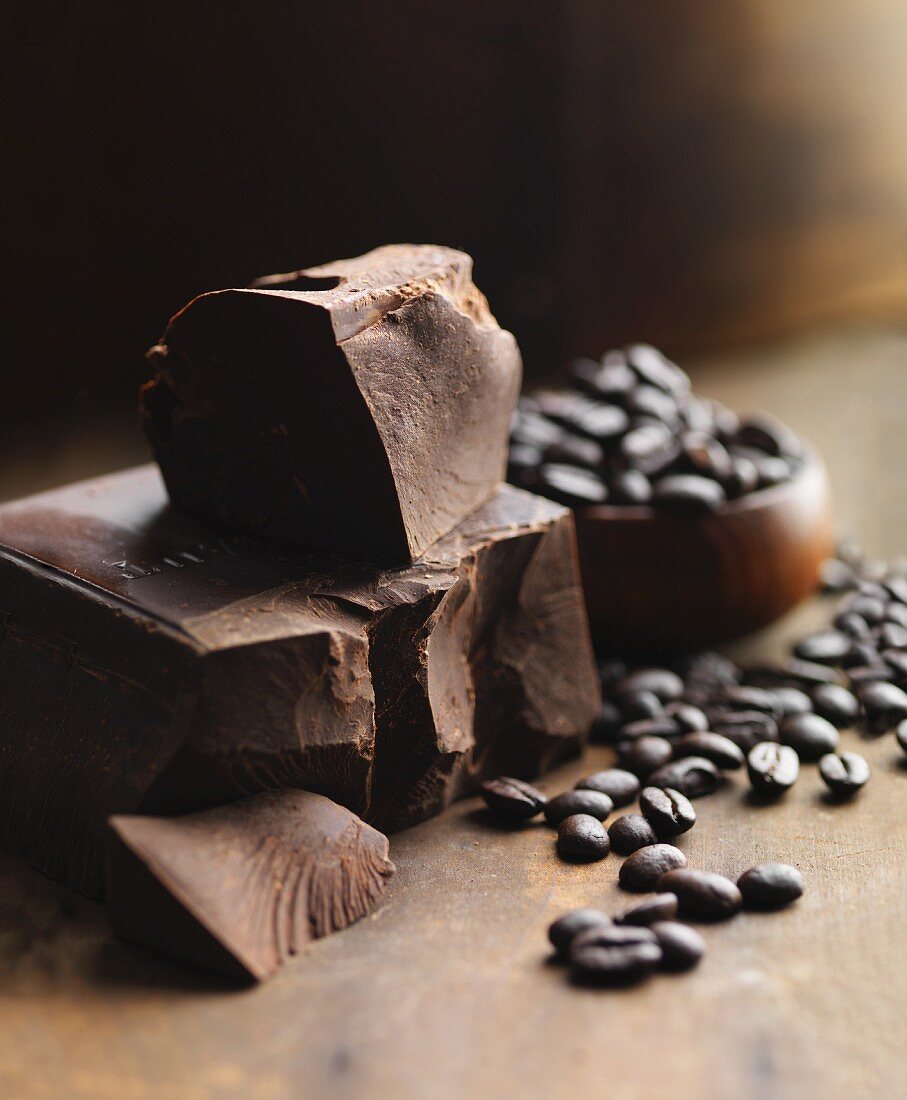 Blocks of chocolate and coffee beans