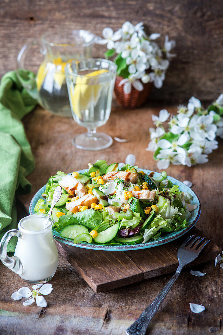 Salad with cucumber, celery, chicken and corn