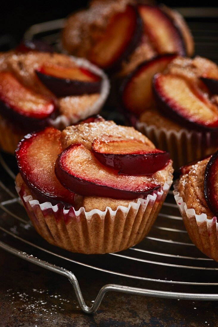 Plum muffins against a dark background