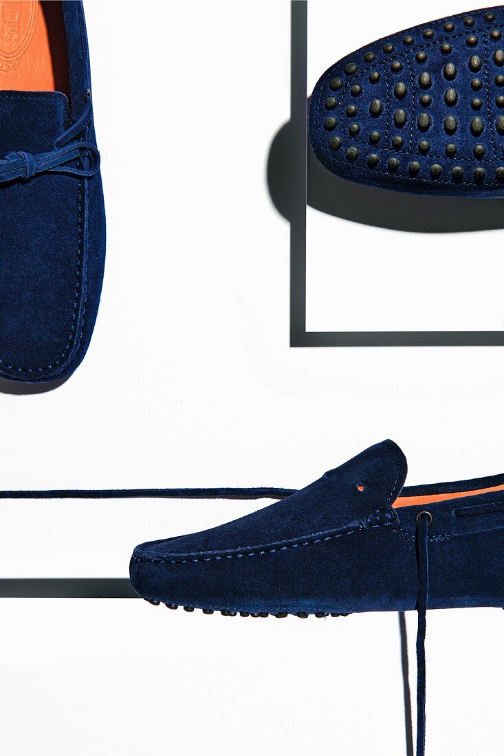 Blue suede moccasins for men