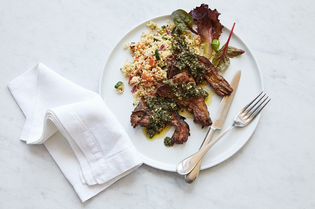 Lamb chops with salsa verde and couscous