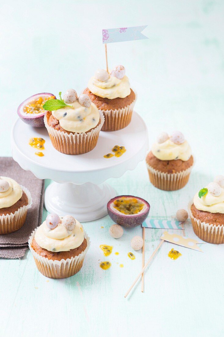Carrot cupcakes with fresh passion fruit cream cheese