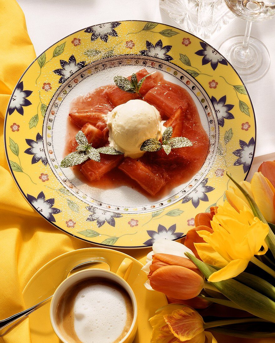 Vanilla Ice Cream on Strawberries and Rhubarb