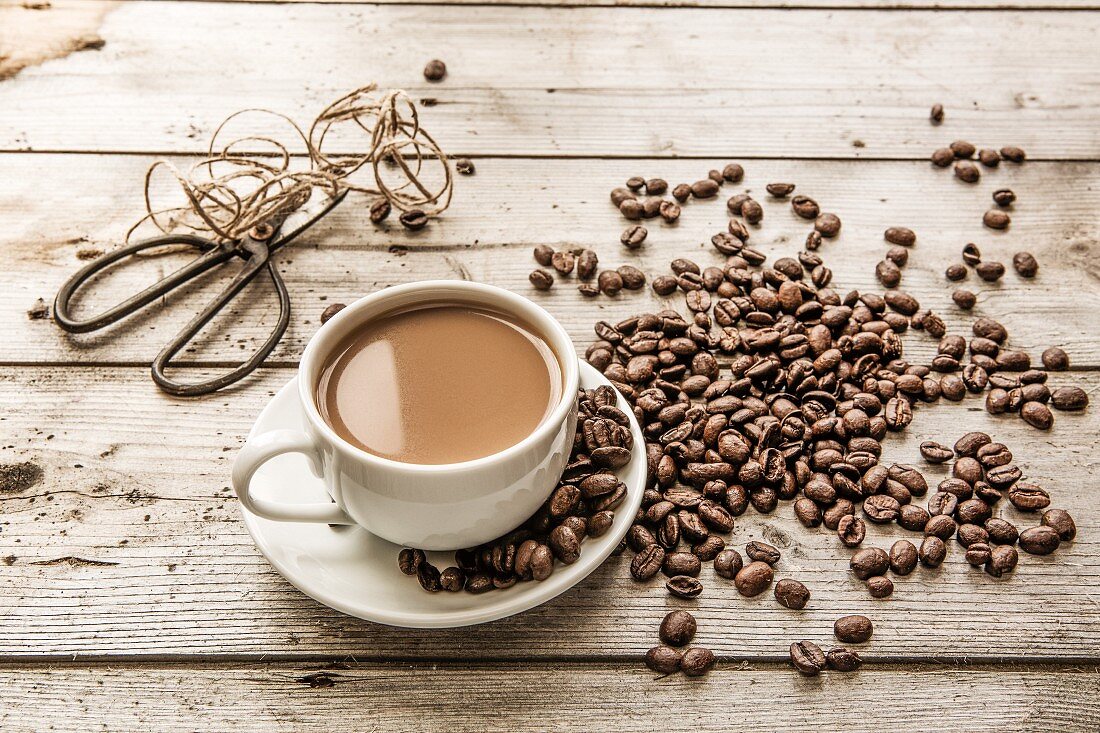 Milchkaffee in Tasse, Kaffeebohnen, Schere und Schnur