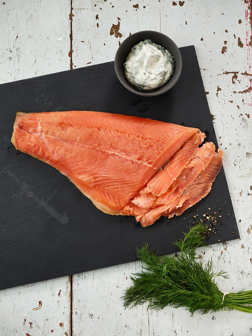 Graved salmon (pickled, smoked salmon) with a honey and dill sauce