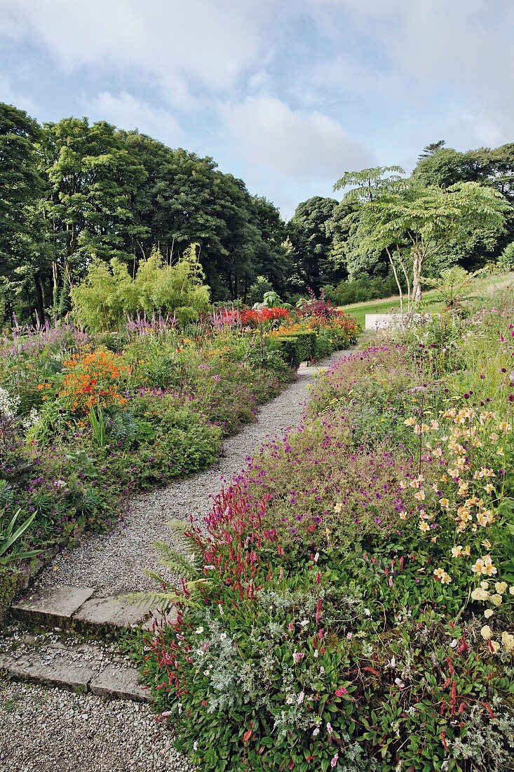 Gartenweg zwischen Blumenbeeten, Blessington, Irland