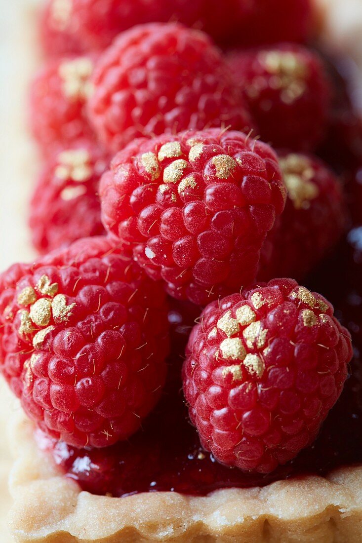 Raspberry tart sprinkled with gold dust (close up)