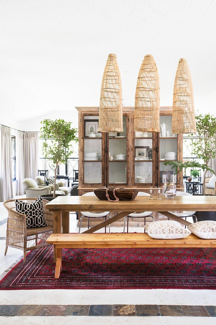 Elegant ethnic-style dining area in open-plan interior