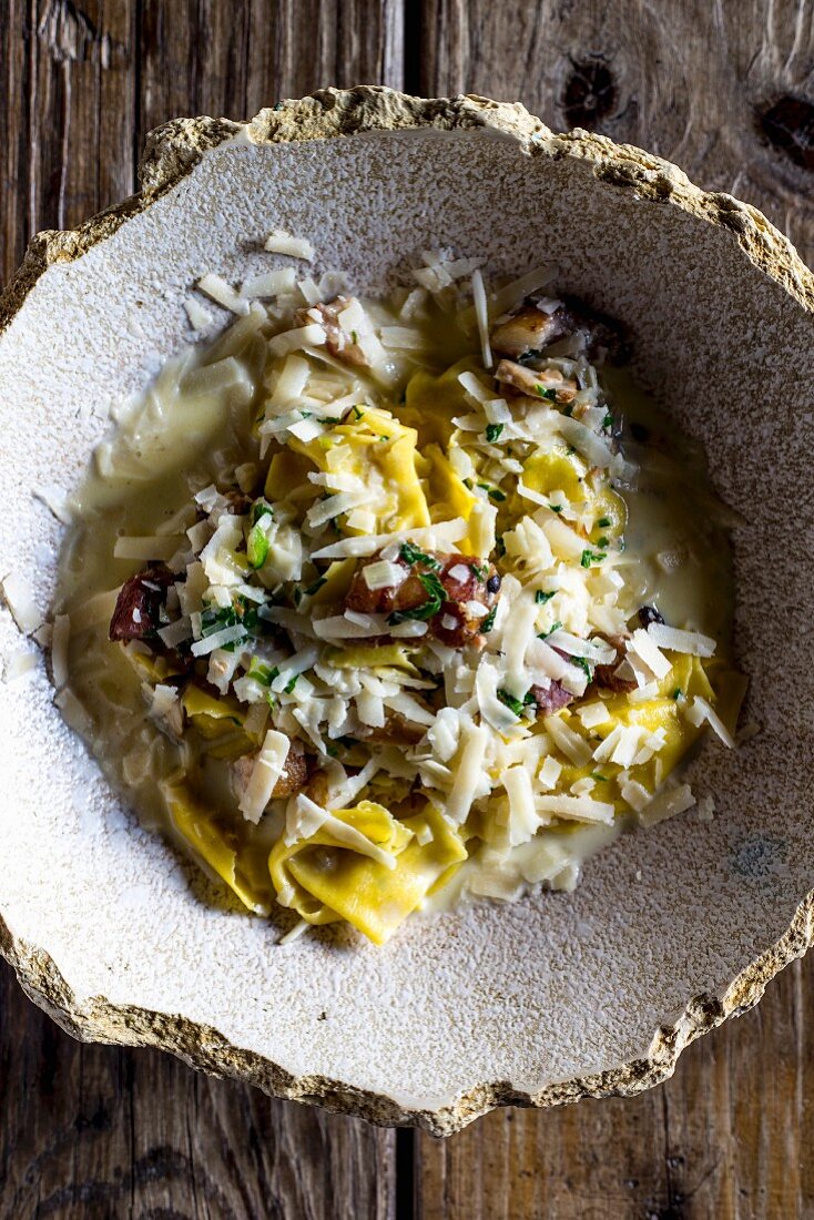 Pappardelle with mushrooms and bacon