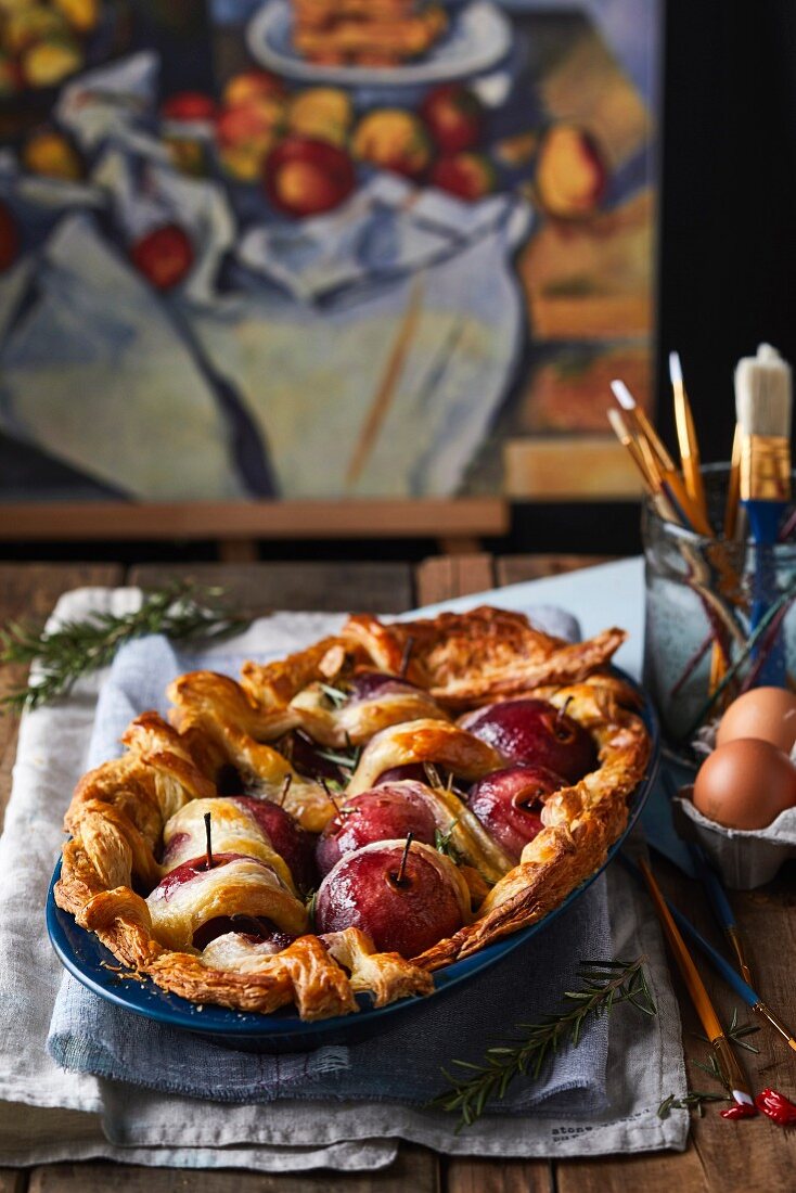 Puff pastry with red wine infused apples and rosemary (France)