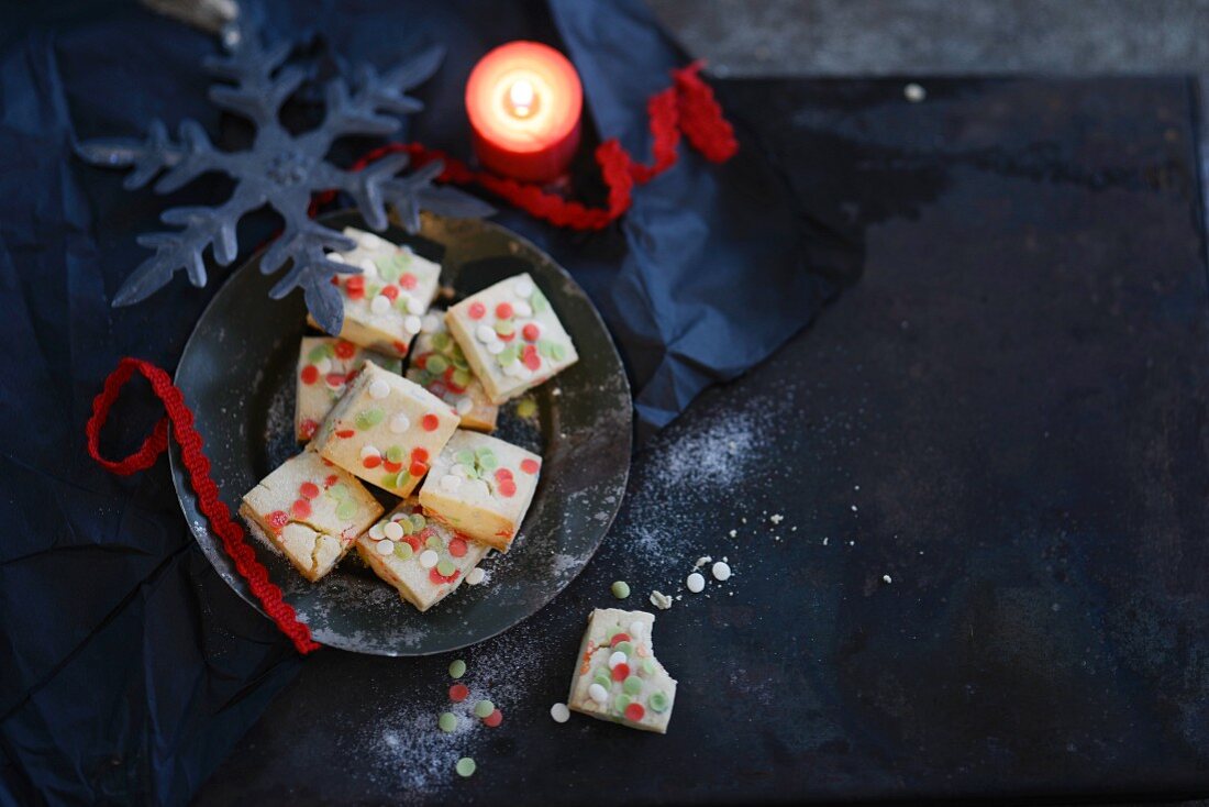 Shortbread with green, white and red sugar confetti for Christmas