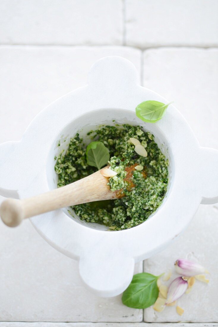 Homemade pesto in the marble mortar