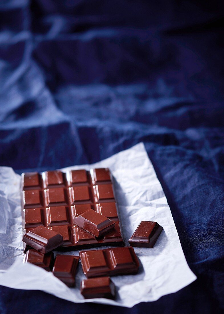 A slab of dark chocolate on parchment paper